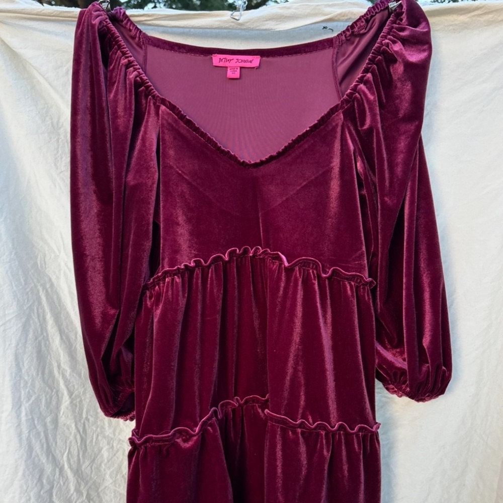 Betsey Johnson Velvet Mini Tiered Baby Doll Dress XS Puff 3/4 Sleeve Tawny Port